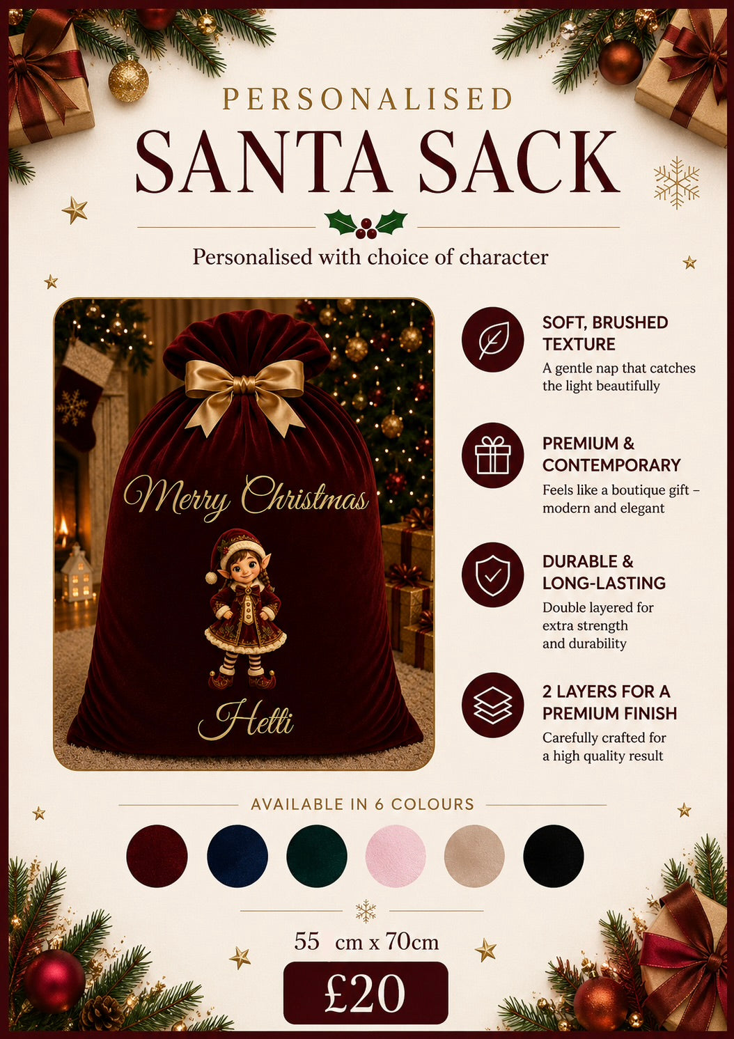 Personalised Santa Sack | Luxury Christmas Sack | Christmas Eve Gift Bag | Custom Velvet Santa Sack | Personalised Christmas Bag | Xmas Keepsake-vinyl only