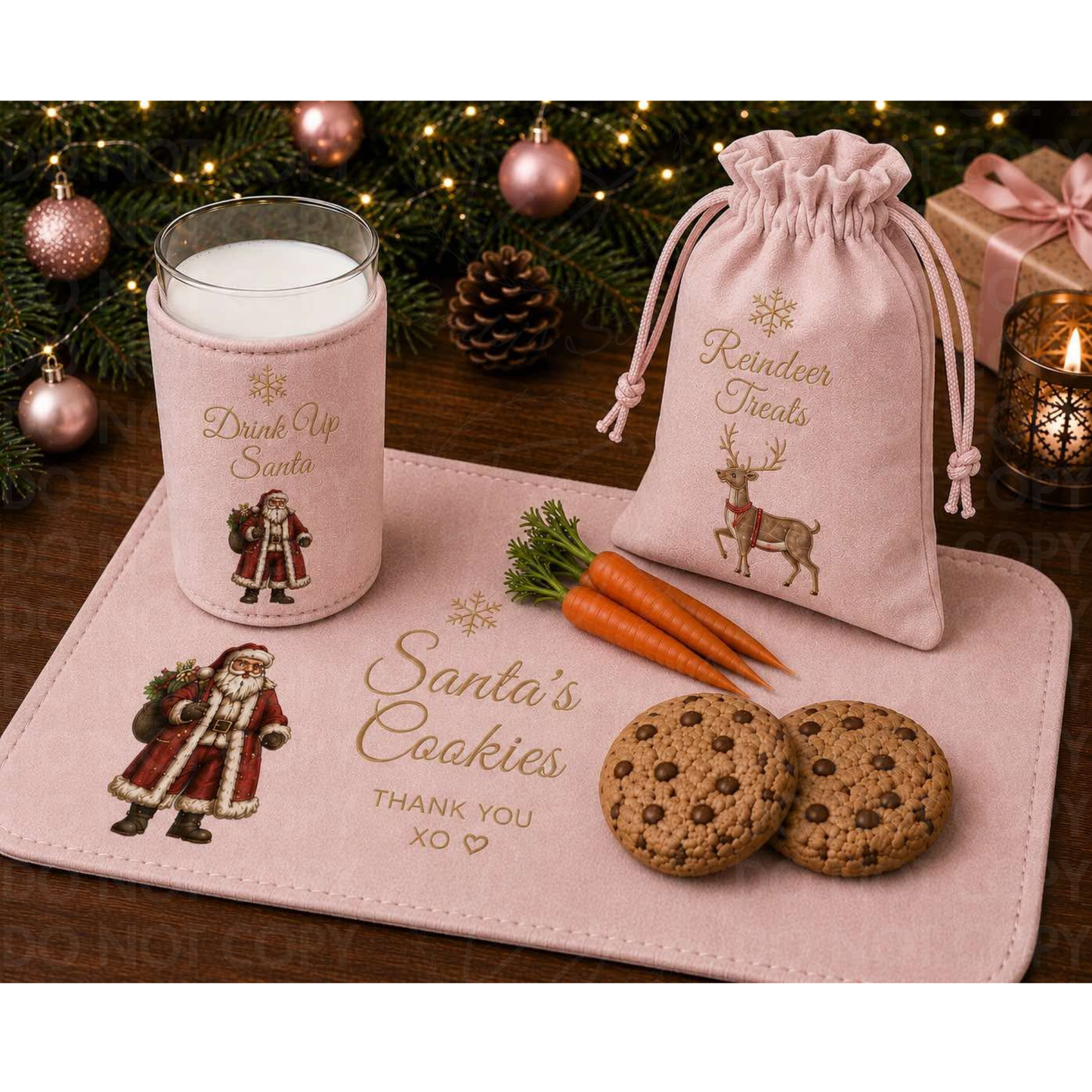 Personalised Santa Treats Set | Christmas Eve Box Fillers | Santa Cookie Mat, Reindeer Treat Bag & Milk Glass Cover | Luxury Christmas Eve Tradition | Christmas 2026 Pre-Order- vinyl wording