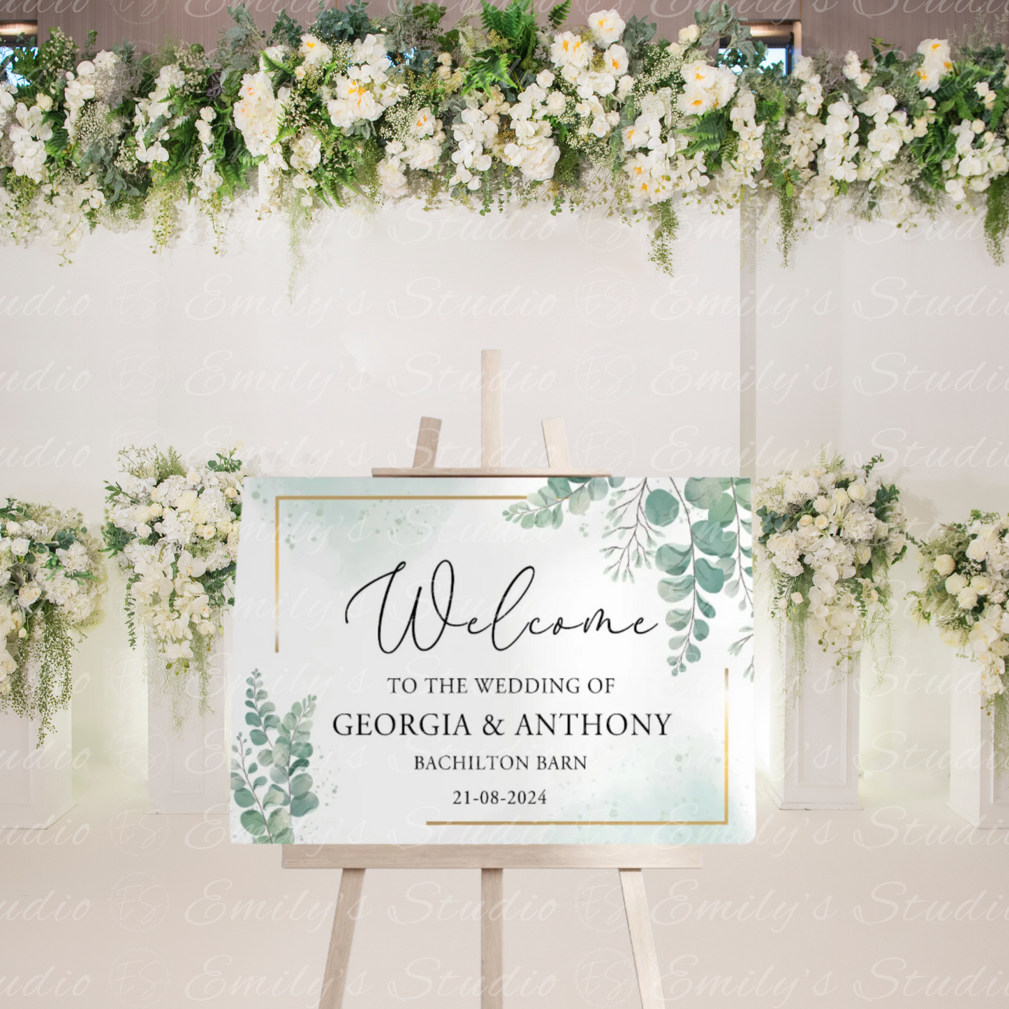 Eucalyptus With Gold Border Wedding Welcome Sign