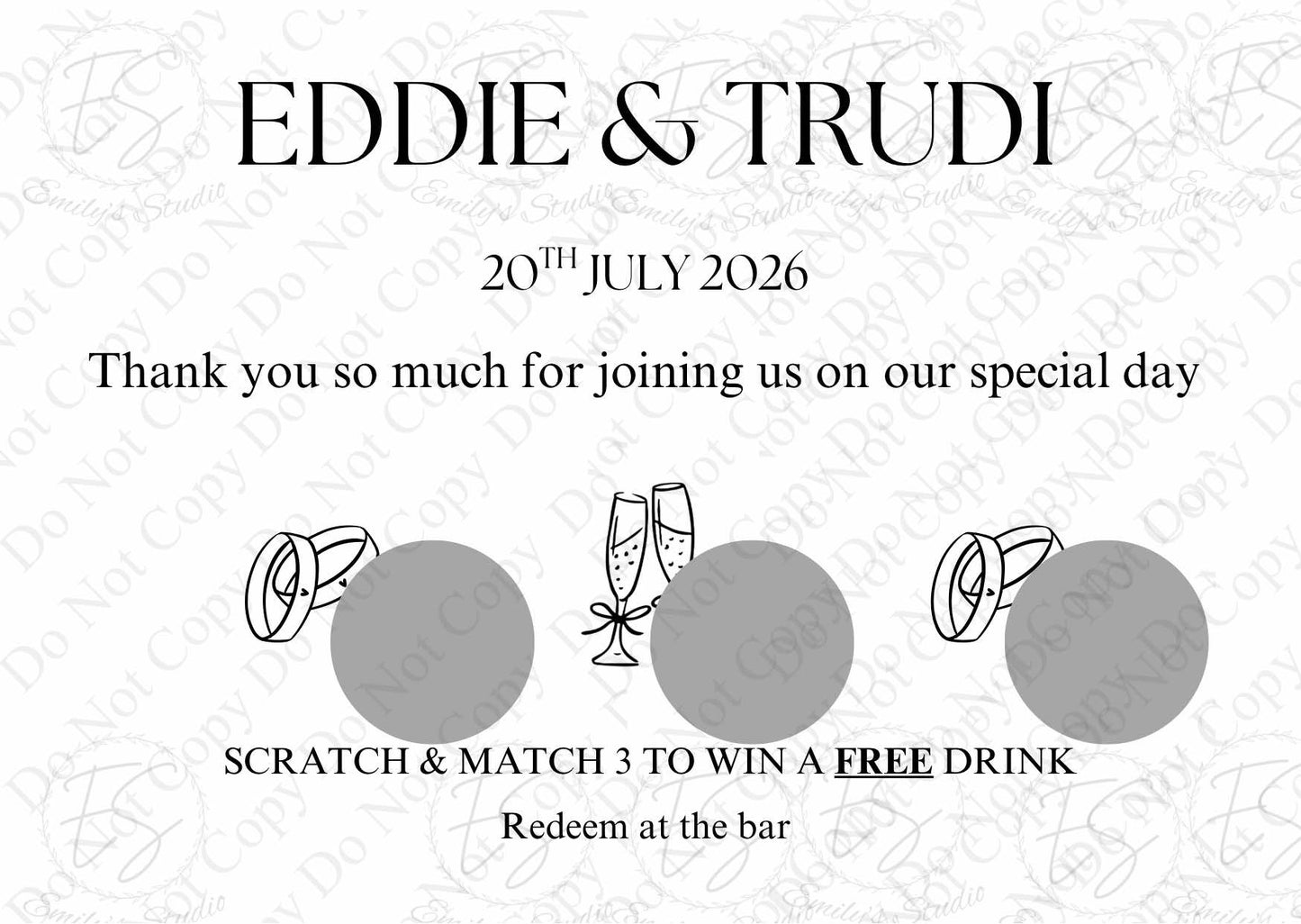 Wedding Scratch Cards Game | Match 3 to Win Scratch Cards | Personalised Wedding Favours | Scratch to Win Drink Custom Scratch Cards