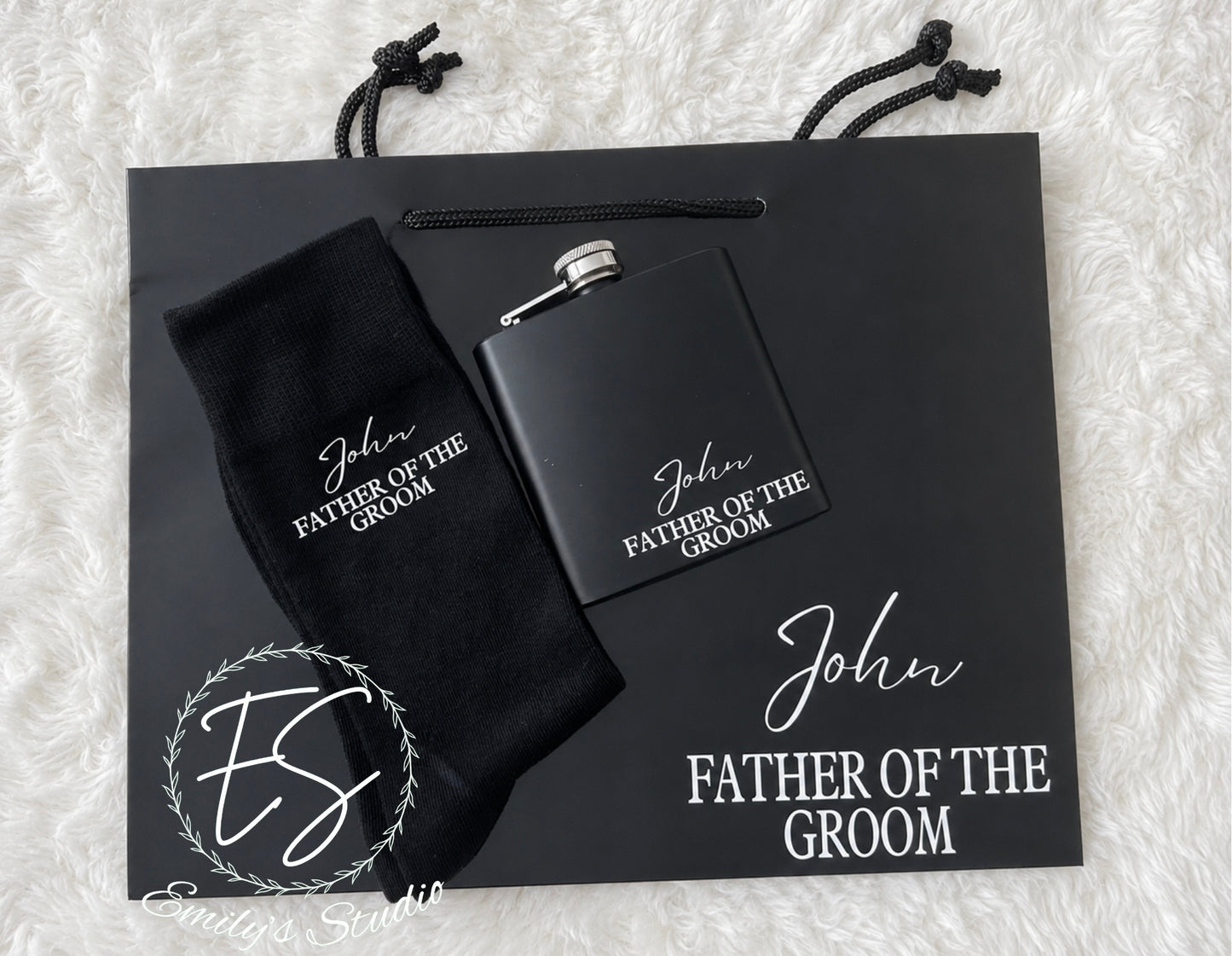 Personalised Wedding Gift Set | Custom Hip Flask, Socks & Luxury Gift Bag | Groom, Best Man, Groomsman, Dad Gift | Wedding Thank You Present