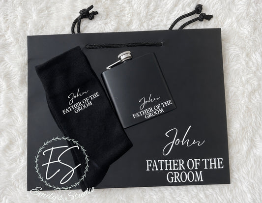 Personalised Wedding Gift Set | Custom Hip Flask, Socks & Luxury Gift Bag | Groom, Best Man, Groomsman, Dad Gift | Wedding Thank You Present