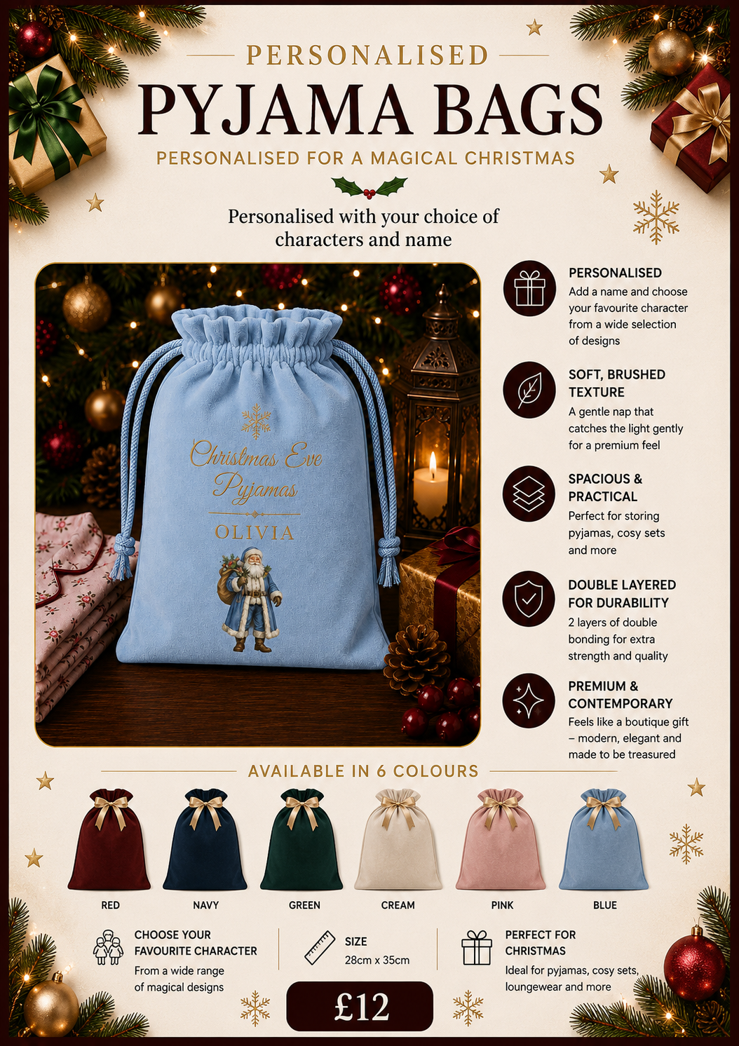 Personalised Christmas Pyjama Bag | Luxury Christmas Eve Bag | Custom Christmas PJ Bag | Personalised Christmas Gift Sack | Christmas Eve Keepsake-vinyl only