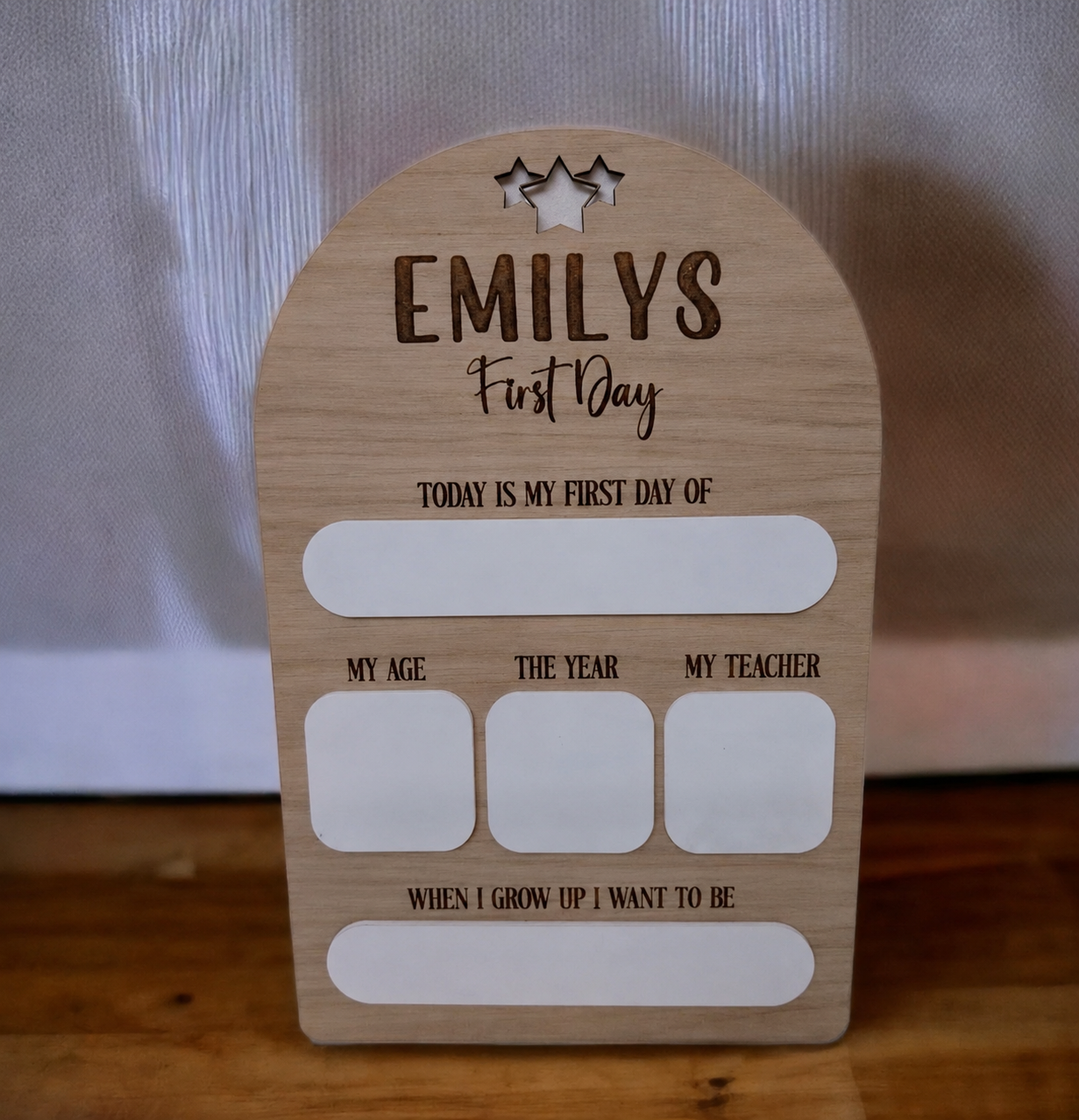 Personalised First Day of School Plaque | Reusable Dry Wipe Back to School Sign | Oak Veneer & Acrylic School Milestone Board | Nursery, Preschool & School Photo Prop