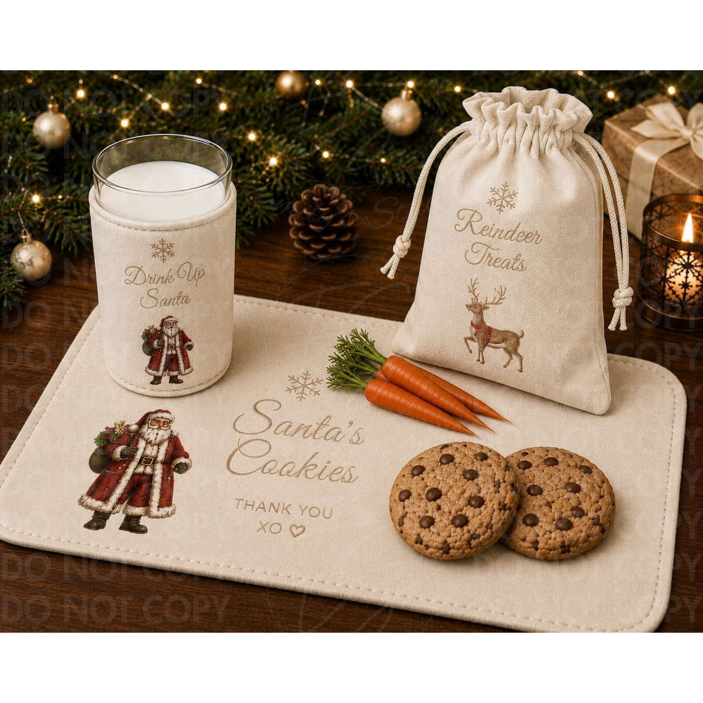 Personalised Santa Treats Set | Christmas Eve Box Fillers | Santa Cookie Mat, Reindeer Treat Bag & Milk Glass Cover | Luxury Christmas Eve Tradition | Christmas 2026 Pre-Order- vinyl wording