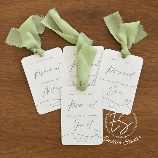 Personalised Wedding Reserved Seat Tags | Reserved Chair Signs | Ceremony Seat Reserved Cards |Chiffon Ribbon Tags