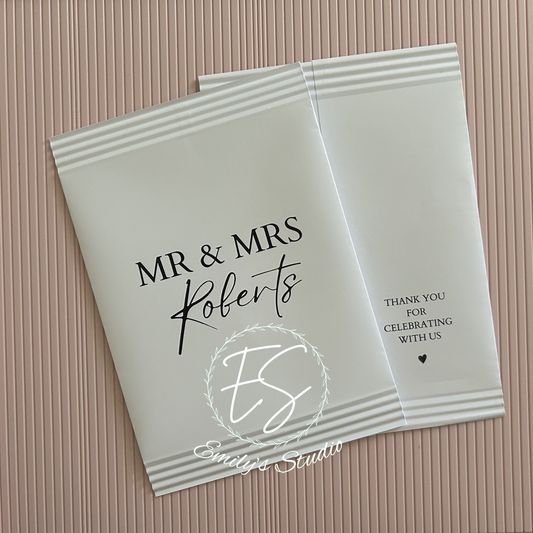 Personalised Wedding Crisp Packets – Minimalist Wedding Favours – Custom Crisp Covers – Evening Reception Snack Bags