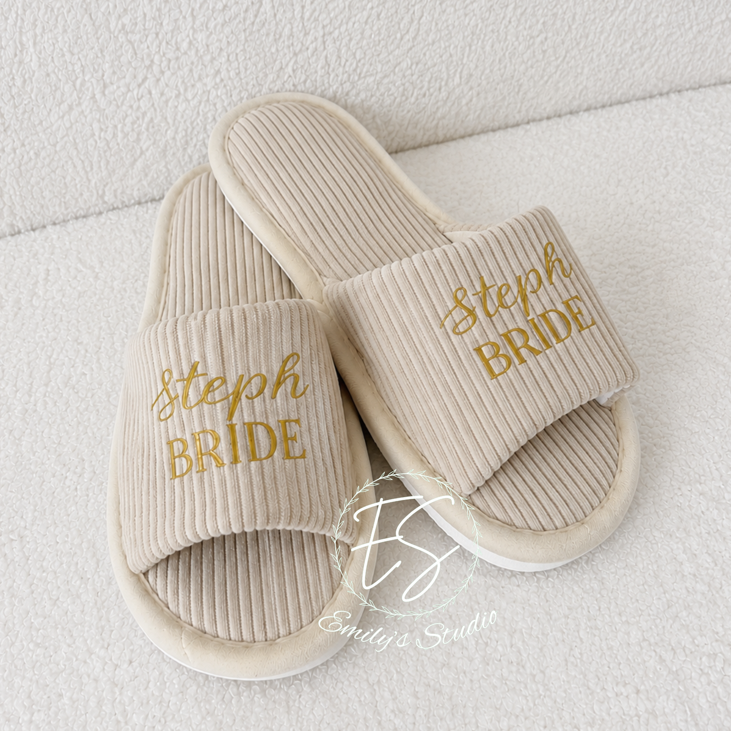 Luxury cream Personalised Bridal Slippers | Custom Bride, Bridesmaid & Wedding Slippers | Luxury Ribbed Spa Sliders | Hen Party Gift | Wedding Morning Footwear