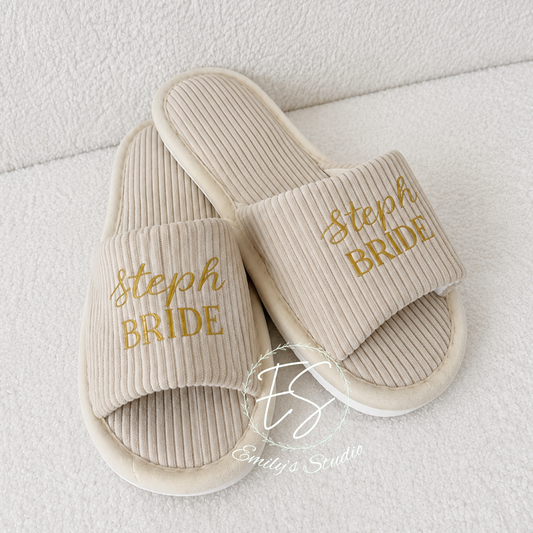 Luxury cream Personalised Bridal Slippers | Custom Bride, Bridesmaid & Wedding Slippers | Luxury Ribbed Spa Sliders | Hen Party Gift | Wedding Morning Footwear