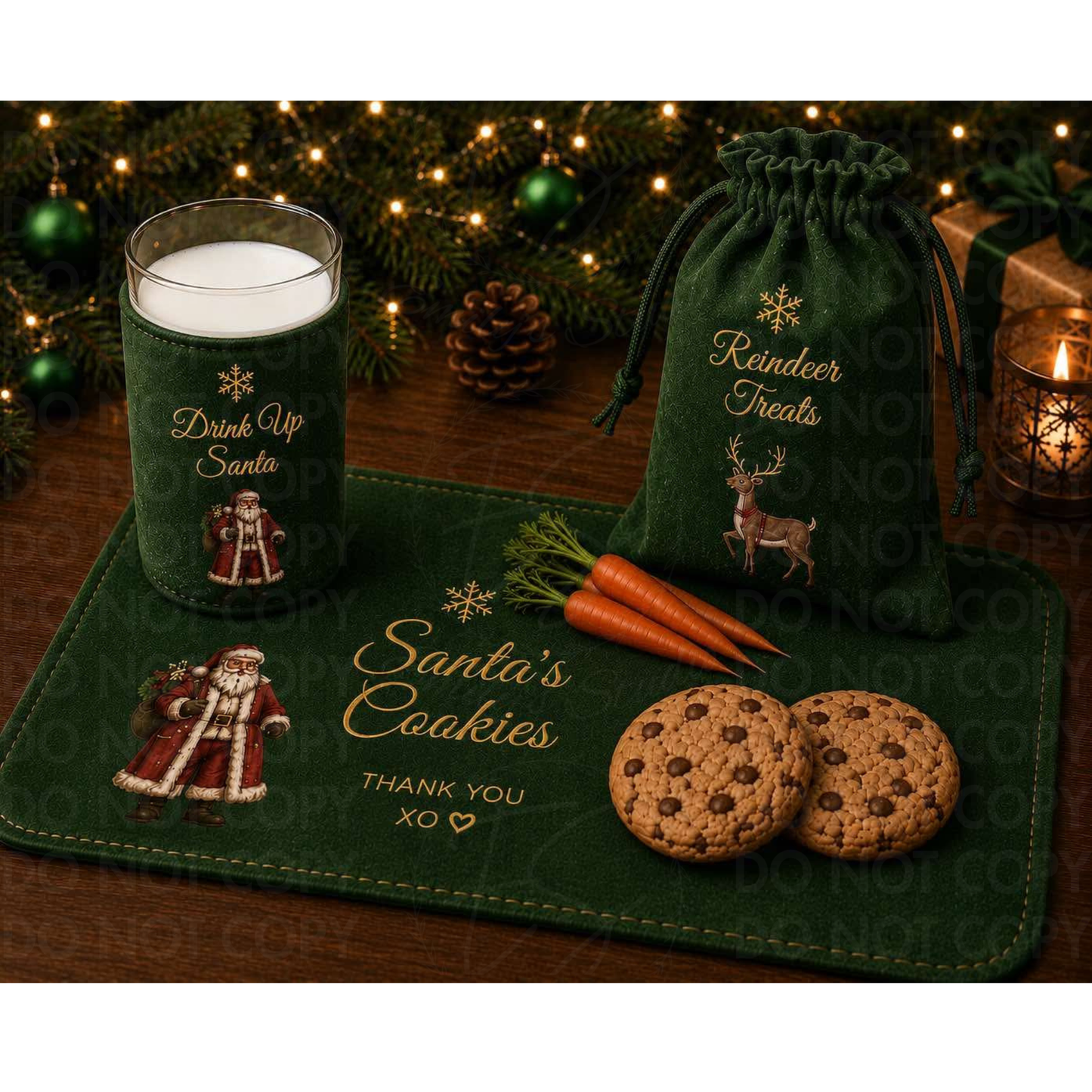 Personalised Santa Treats Set | Christmas Eve Box Fillers | Santa Cookie Mat, Reindeer Treat Bag & Milk Glass Cover | Luxury Christmas Eve Tradition | Christmas 2026 Pre-Order- vinyl wording