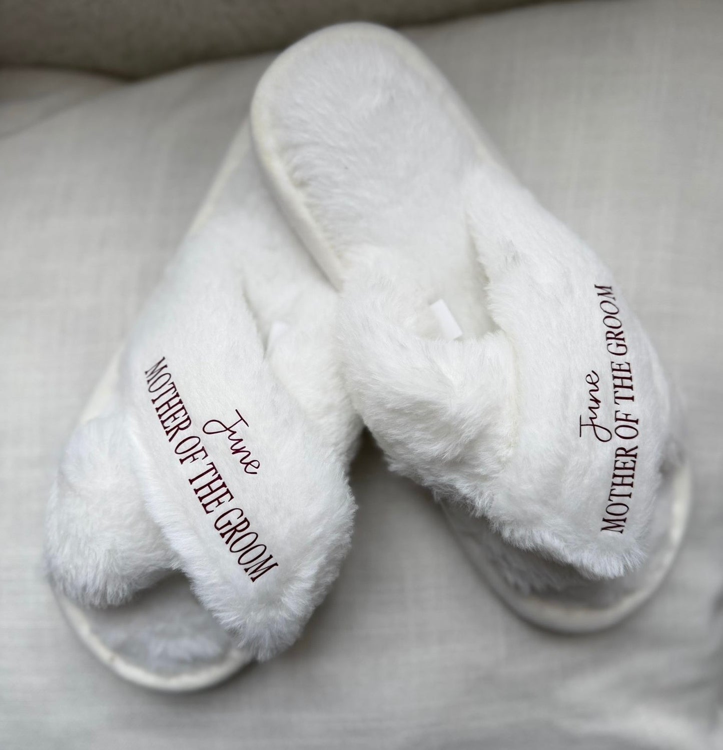 Personalised Fluffy Cross Slippers | Custom Bridal Slippers | Bridesmaid Gift | Wedding Morning Slippers | Name Slippers | Luxury Soft Slides