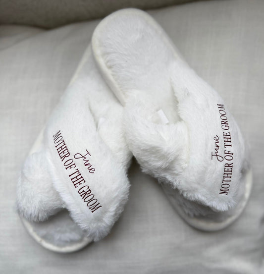 Personalised Fluffy Cross Slippers | Custom Bridal Slippers | Bridesmaid Gift | Wedding Morning Slippers | Name Slippers | Luxury Soft Slides