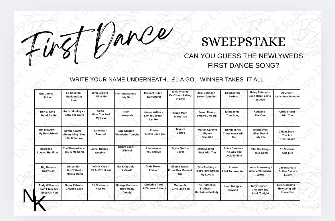 First Dance Sweepstake Board – Personalised Wedding Game