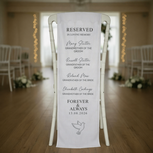 Personalised Wedding Memorial Chair Cover | Reserved In Loving Memory Chair Sash | Remembrance Seat Sign | Custom Names Wedding Tribute