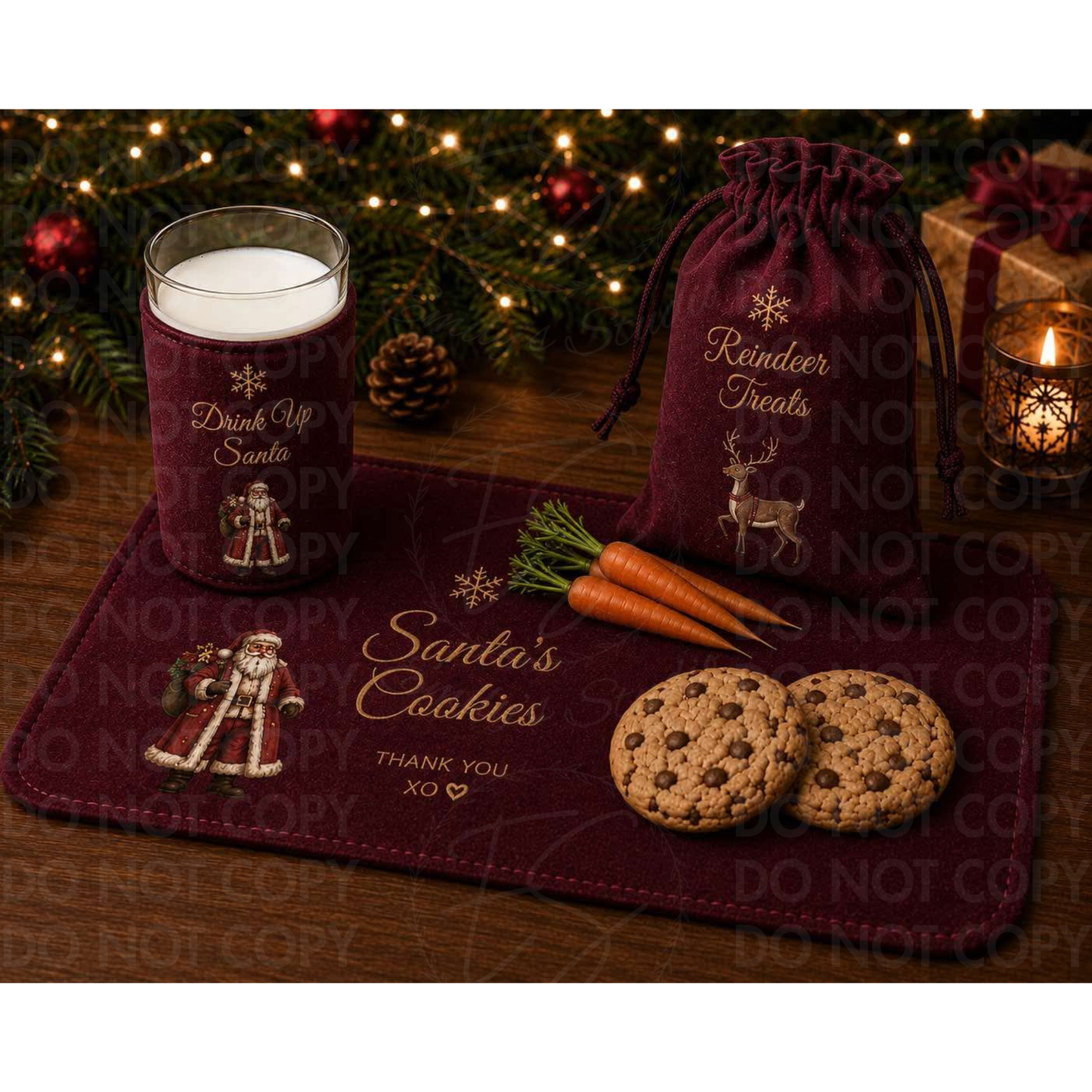 Personalised Santa Treats Set | Christmas Eve Box Fillers | Santa Cookie Mat, Reindeer Treat Bag & Milk Glass Cover | Luxury Christmas Eve Tradition | Christmas 2026 Pre-Order- vinyl wording