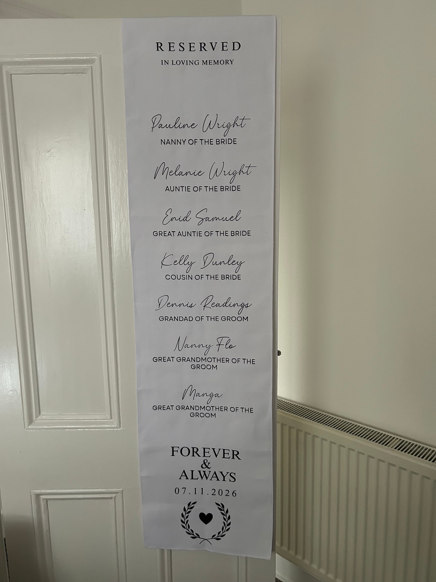 Personalised Wedding Memorial Chair Cover | Reserved In Loving Memory Chair Sash | Remembrance Seat Sign | Custom Names Wedding Tribute