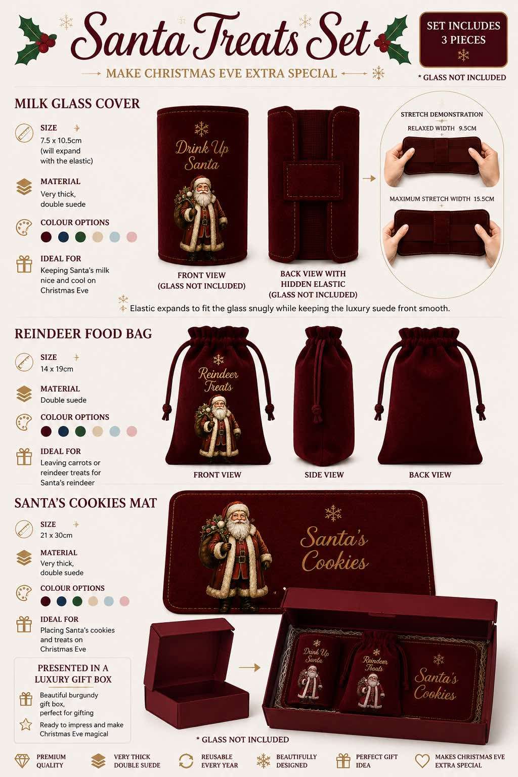 Personalised Santa Treats Set | Christmas Eve Box Fillers | Santa Cookie Mat, Reindeer Treat Bag & Milk Glass Cover | Luxury Christmas Eve Tradition | Christmas 2026 Pre-Order- vinyl wording