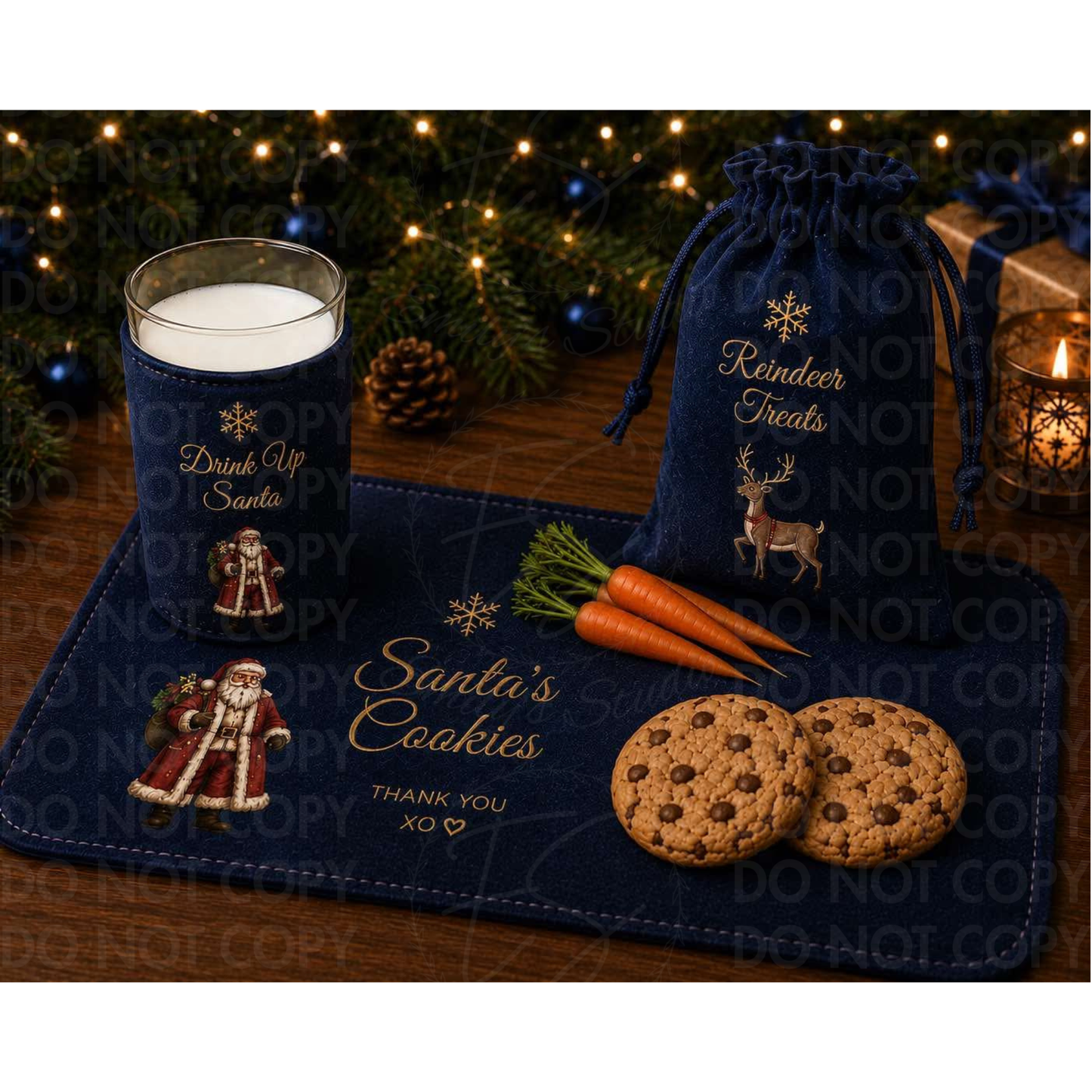 Personalised Santa Treats Set | Christmas Eve Box Fillers | Santa Cookie Mat, Reindeer Treat Bag & Milk Glass Cover | Luxury Christmas Eve Tradition | Christmas 2026 Pre-Order- vinyl wording
