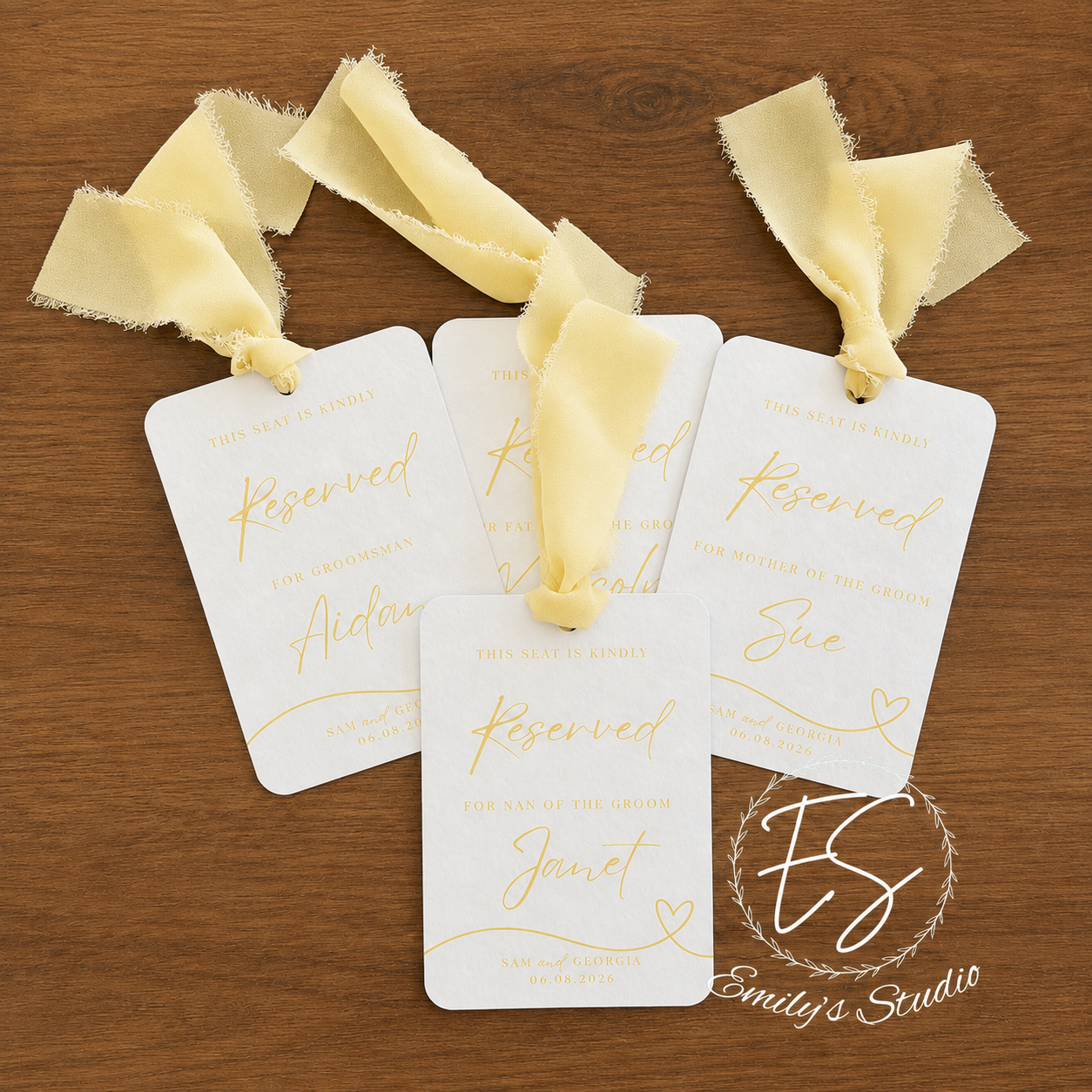 Personalised Wedding Reserved Seat Tags | Reserved Chair Signs | Ceremony Seat Reserved Cards |Chiffon Ribbon Tags
