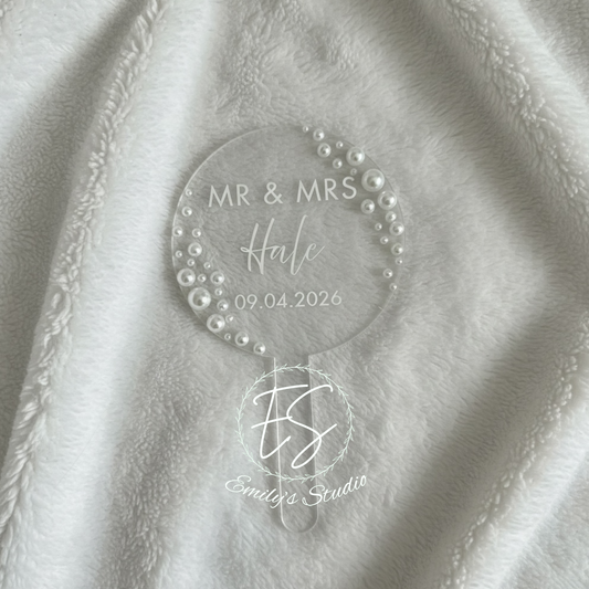 SALE Personalised Clear Acrylic Cake Topper with Pearls | Custom Name Wedding Cake Topper | 10cm Circle