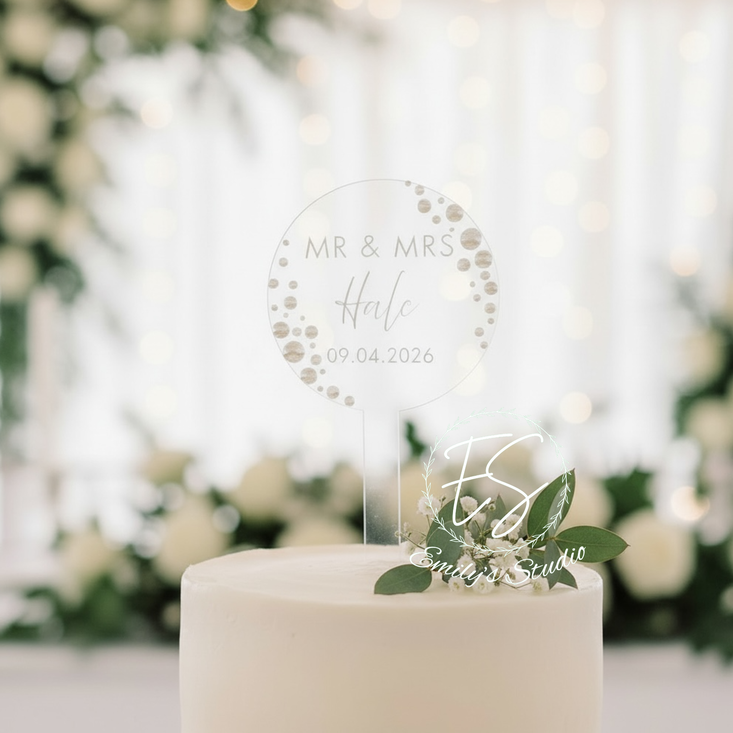 SALE Personalised Clear Acrylic Cake Topper with Pearls | Custom Name Wedding Cake Topper | 10cm Circle