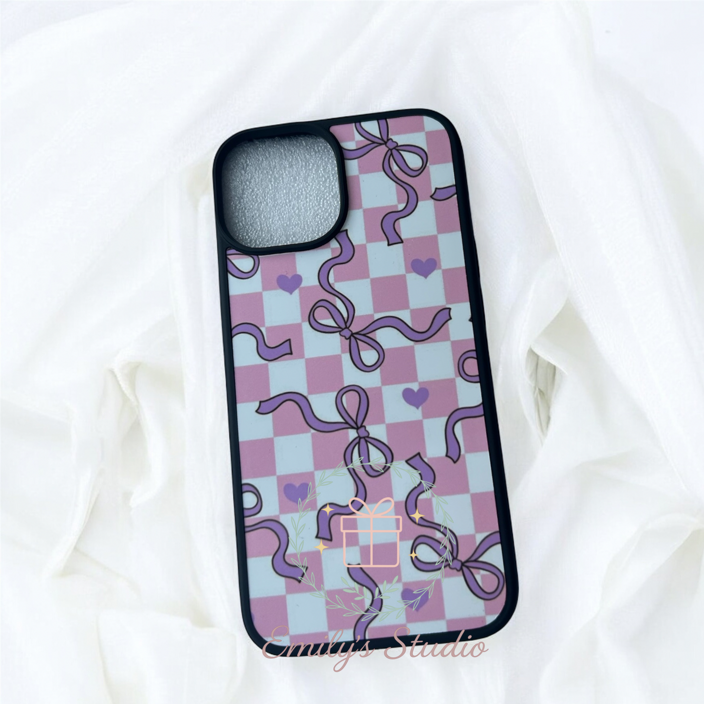 Sweetheart Check iPhone 14 Case – Bows & Hearts Edition
