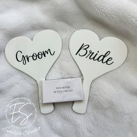 Personalised Wedding Game Paddles | Bride Groom Heart Signs, Acrylic Keepsake