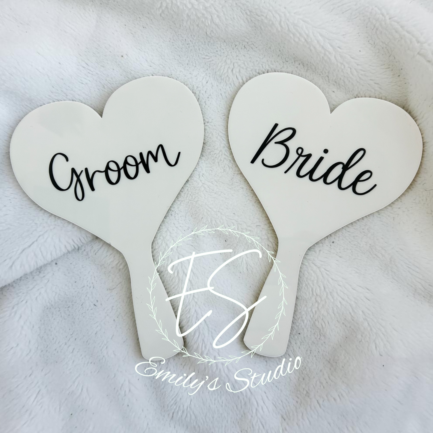 Personalised Wedding Game Paddles | Bride Groom Heart Signs, Acrylic Keepsake