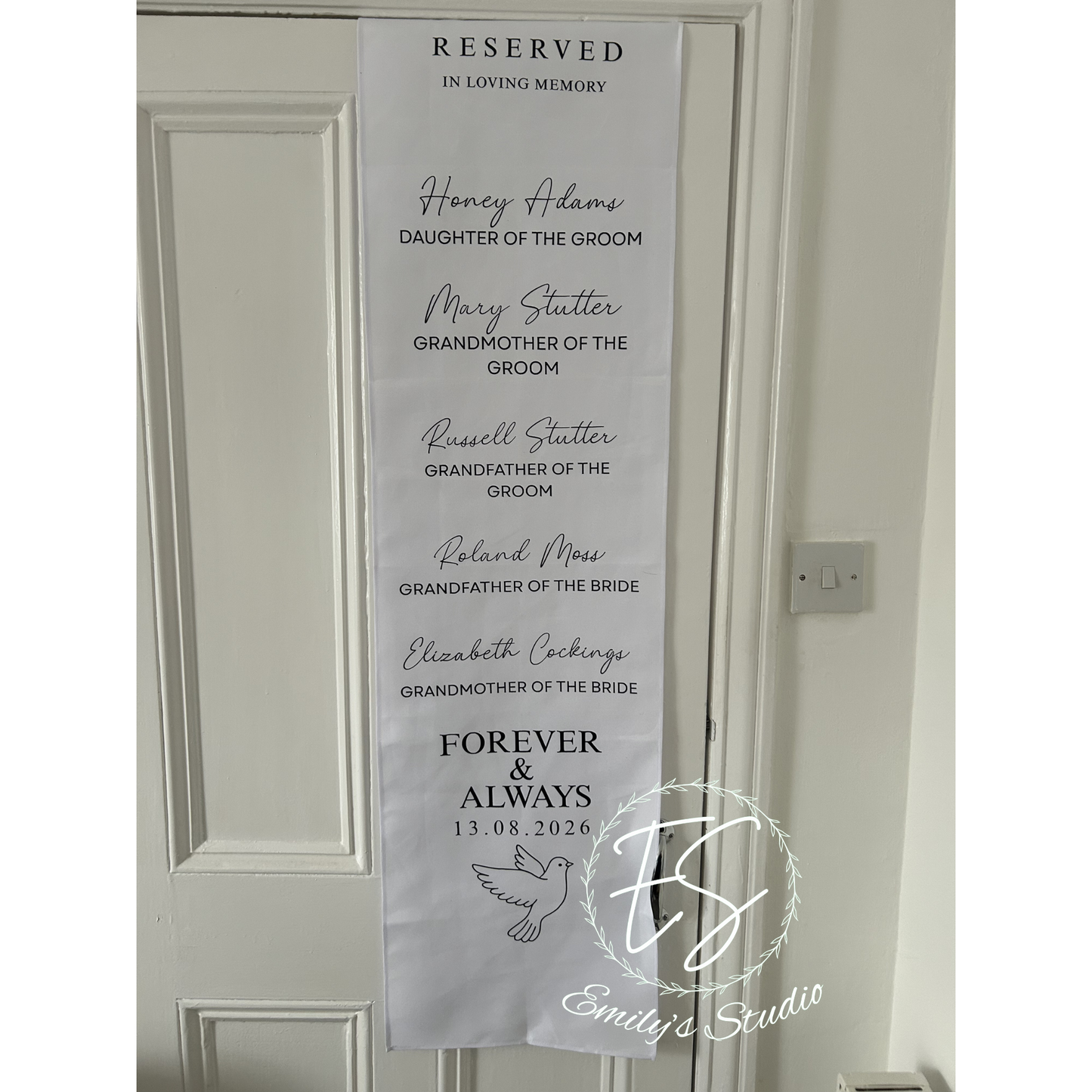 Personalised Wedding Memorial Chair Cover | Reserved In Loving Memory Chair Sash | Remembrance Seat Sign | Custom Names Wedding Tribute