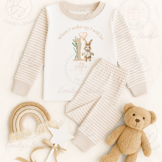 Boy beige bunny “when I wake I will be” pjs