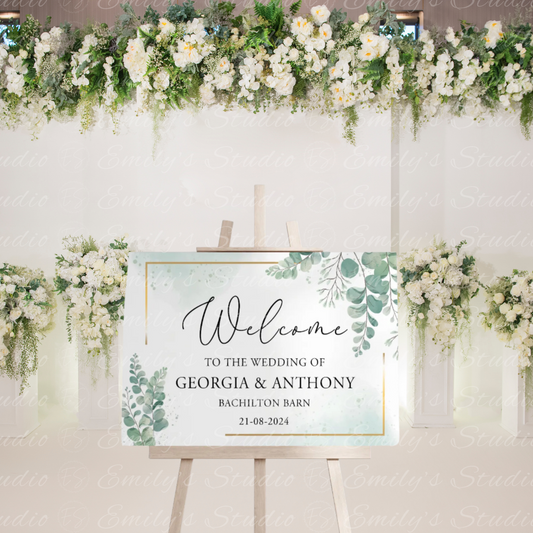 Eucalyptus With Gold Border Wedding Welcome Sign