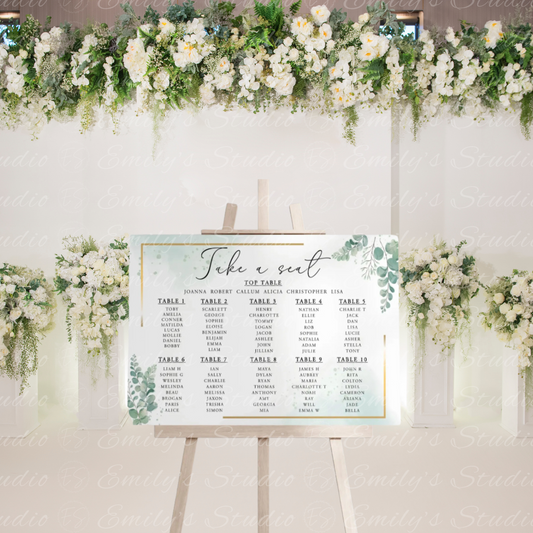 Eucalyptus With Gold Border Wedding Seating Plan 1-10 Tables