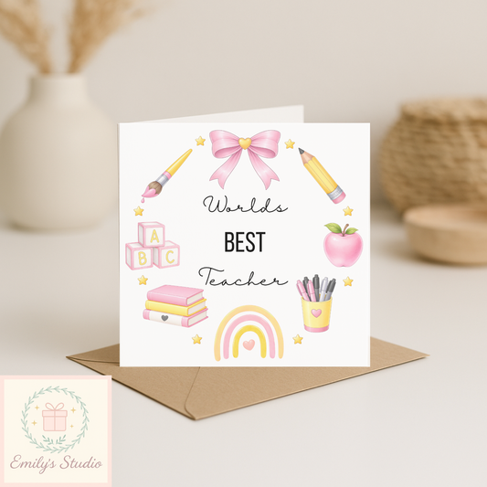 Teacher Thank You Card 6x6 | Worlds Best Teacher Card | End of Term Card | Thank You Teacher | Pink or Navy Design