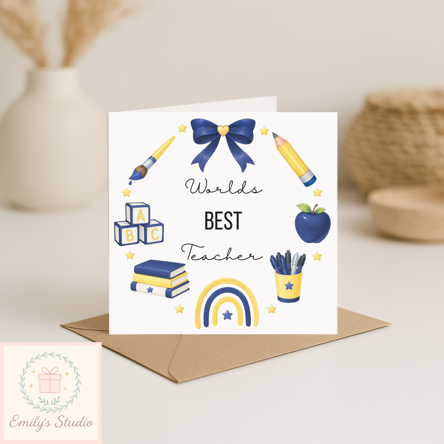 Teacher Thank You Card 6x6 | Worlds Best Teacher Card | End of Term Card | Thank You Teacher | Pink or Navy Design