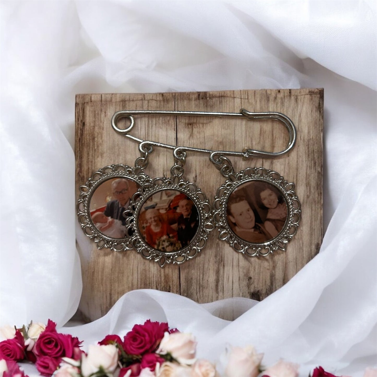 Budget Photo Bouquet Charm – Personalised Wedding Memorial Charm – Simple Bridal Bouquet Photo Pin – 1 or 3 Photo Option