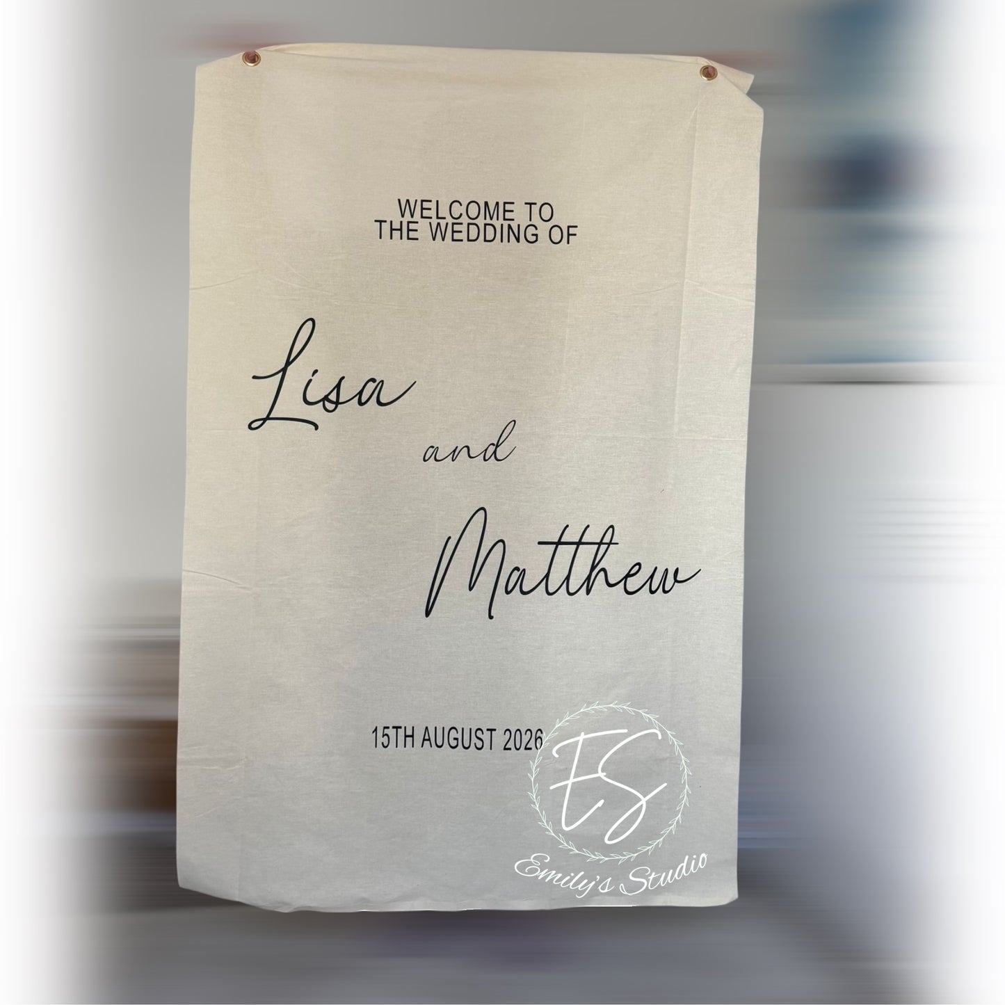 Personalised Cotton Wedding Welcome Banner | Minimalist Backdrop with Eyelets